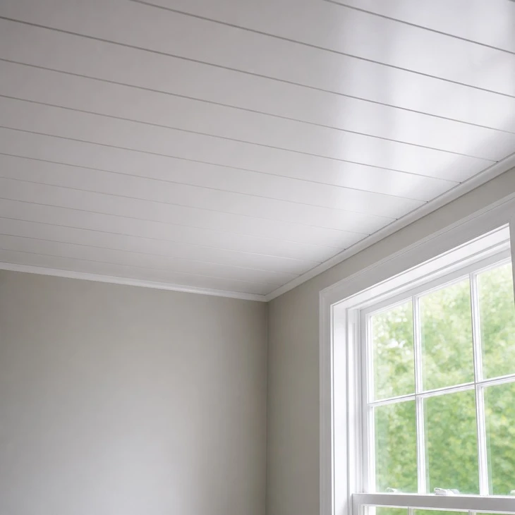 White ceiling panels close-up — satin finish with shadow-line joints